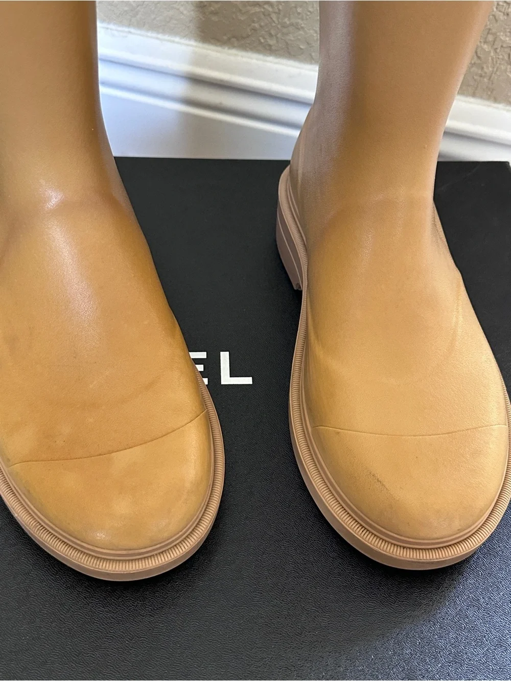 CHANEL Tan Boots with Cream CC Logo